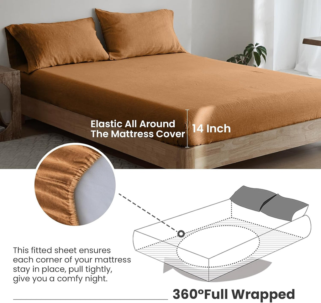 Simple&Opulence 100% Linen Sheet Set 4 Pieces Natural France Flax Bed Sheet (1 Flat Sheet, 1 Fitted Sheet, 2 Pillowcases) Breathable Luxury Hotel Bedding - Embroidery Rust, Queen Size
