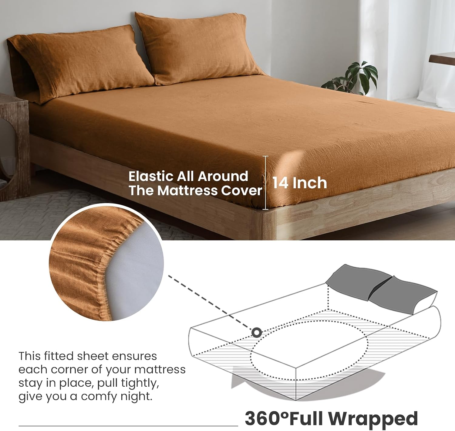 Simple&Opulence 100% Linen Sheet Set 4 Pieces Natural France Flax Bed Sheet (1 Flat Sheet, 1 Fitted Sheet, 2 Pillowcases) Breathable Luxury Hotel Bedding - Embroidery Rust, King Size