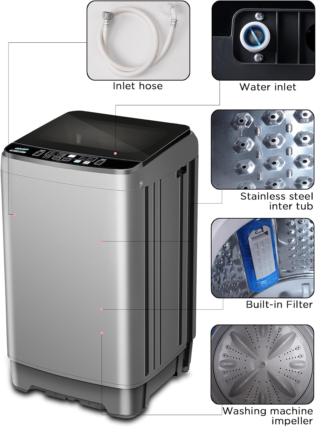 KRIB BLING Full Automatic Washing Machine with LED Display, 25 lbs Portable Washer Drain Pump, 10 Programs & 8 Water Levels Selections, Ideal for RV, Camping, Apartment, Dorm, Dark Grey