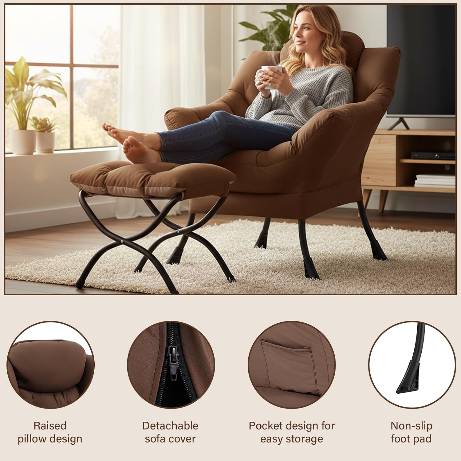 Welnow Lazy Chair with Ottoman, Modern Accent Armchair with Armrests and a Side Pocket, Leisure Sofa Armchair Set, Reading Chair with Footrest for Small Space, Dark Brown