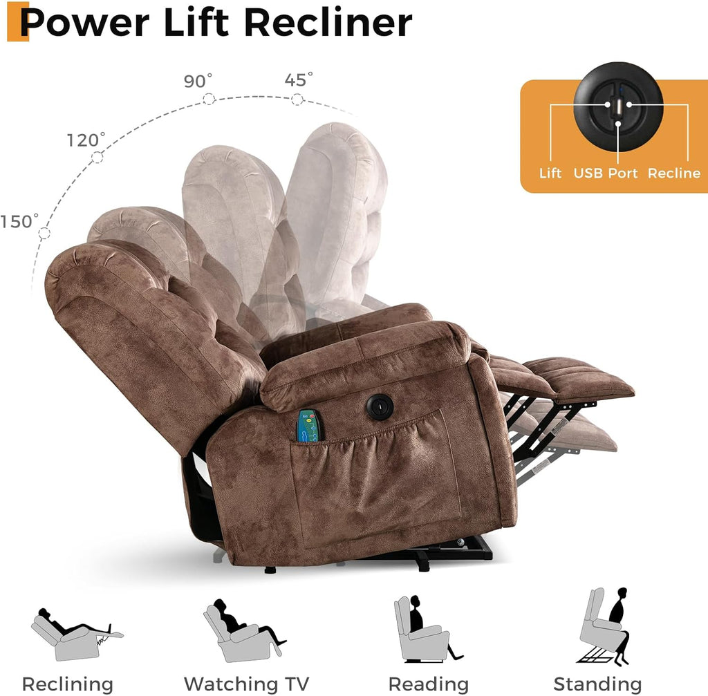 IOMOR Large Power Lift Recliner with Massage and Heat for Elderly, Heavy Duty & Safety Motion Reclining Mechanism, Ergonomic Electric Wider Chair with USB Port, 2 Hidden Cup Holders (1, Brown)