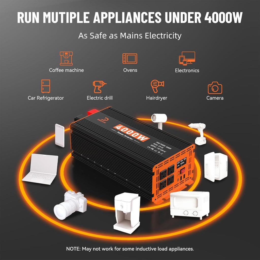4000W Power Inverter 12V DC to 110V/120V AC Converter for RV/Truck/Boat/Camping/Off-Grid Solar Car Power Inverter Peak Power 8000W with 4 AC Outlets,USB & Type-C Port, Remote Controller & LCD Screen