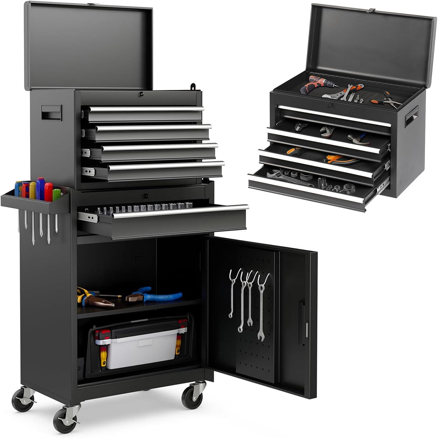 Rovibek Rolling Tool Chest, 5-Drawer Rolling Tool Chest with Detachable Top Toolbox, Lock Bar, Tool Rack, Metal Tool Box for Garage Workshop Warehouse, Black