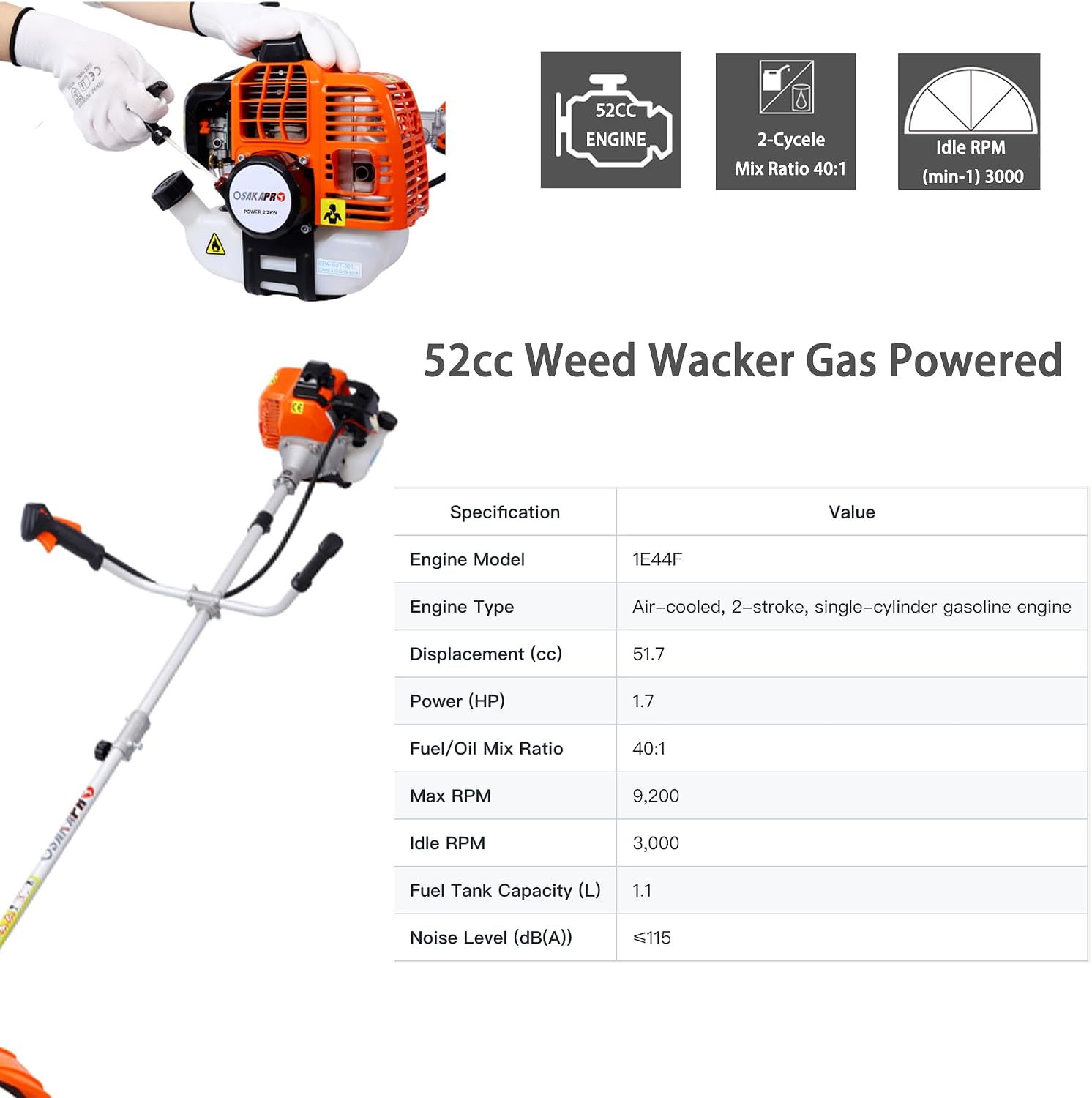 52cc 2-Cycle Gas Multi-Trimmer | 3-in-1 String Trimmer w/Rotatable Pole Saw, Weed Eater Weed Wacker, Brush Cutter & Hedge Trimmer Gas for Lawn, Yard, Garden Care, All-in-one Garden Tool