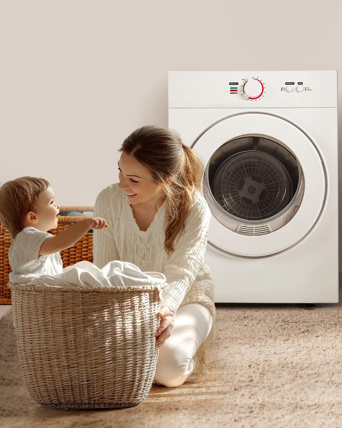 Feelfunn 1.8 Cu.Ft Compact Dryer - 1020W Portable Clothes Dryer with Stainless Steel Tub, Front Load Tumble, Four Functions - Compact Drying Unit for Laundry, Apartments, Dorms