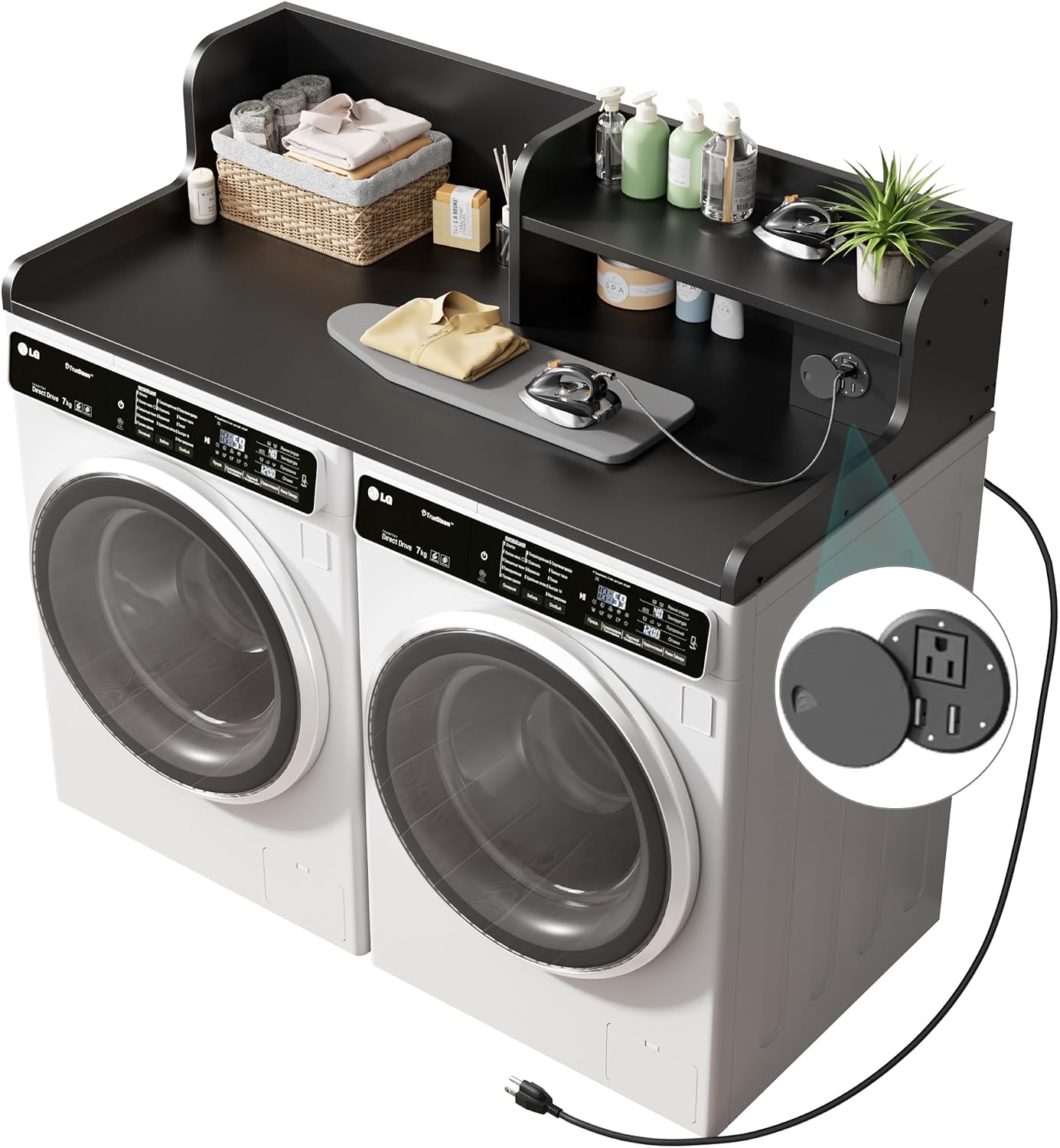 DTK Washer Dryer Countertop with Charging Station, 2 Tier Laundry Countertop with Anti-Slip Strips, 27.55' Depth x 54' Width, Wood Dryer Cover with Shelf, Black
