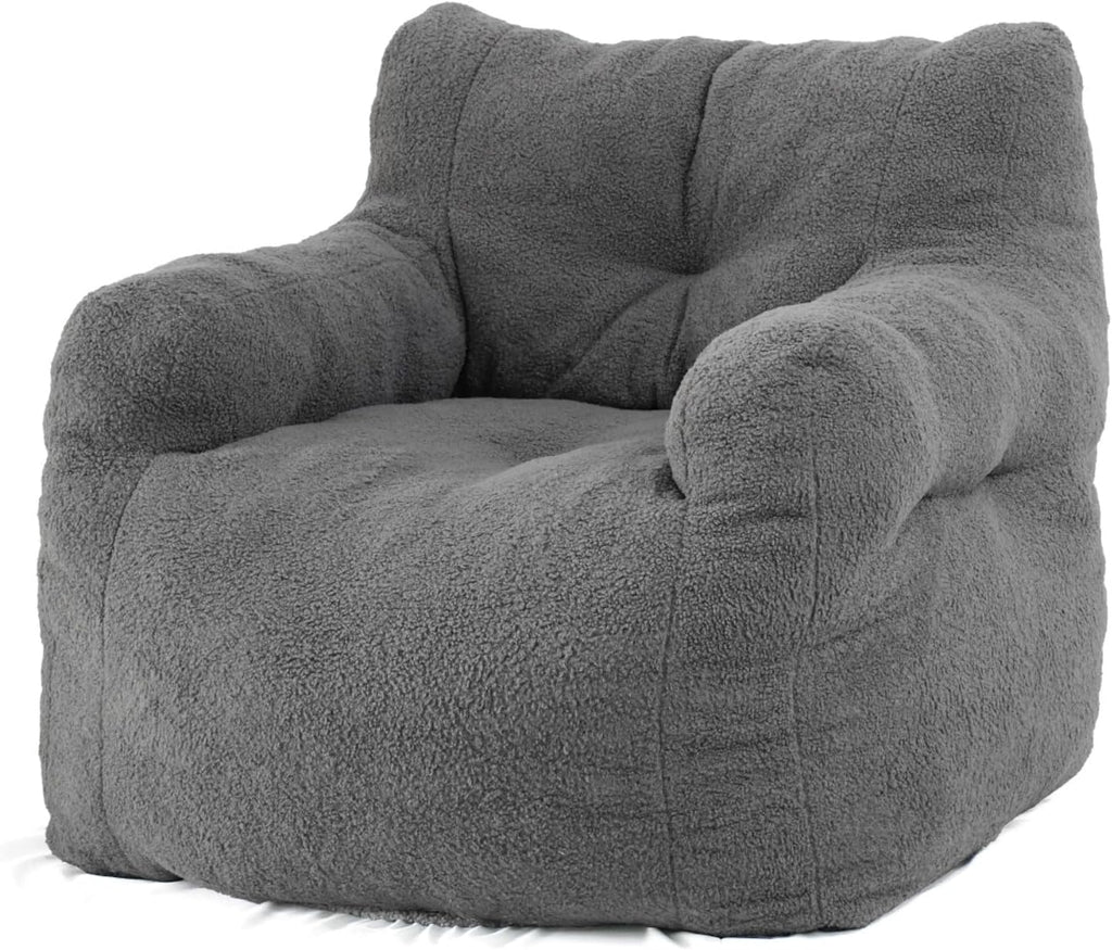 DKLGG Bean Bag Chairs for Adults, Giant Bean Bag Chair with Filler Included Faux Fur Bean Bag Sofa Memory Foam Large Bean Bag Chair with Armrest for Living Room, Bedroom, Gaming Room, Lounge, Grey