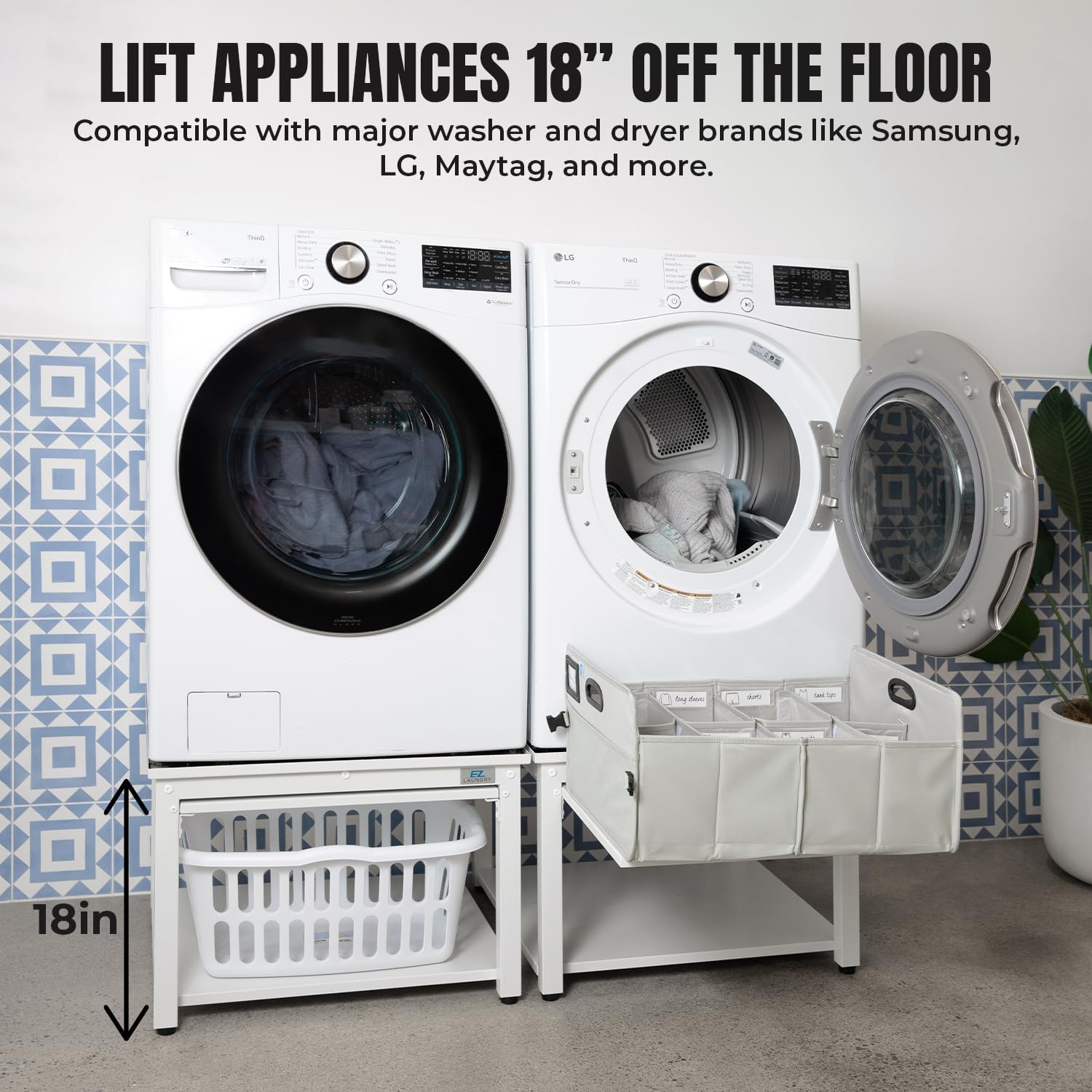 Washer and Dryer Pedestal with Pullout-Shelf - 27' W, 18' H, White Steel Universal Fit with Major Brands | Laundry Pedestal with Drain Pan & Hose | Washer Stand for Back Pain Relief, 800 lbs Capacity