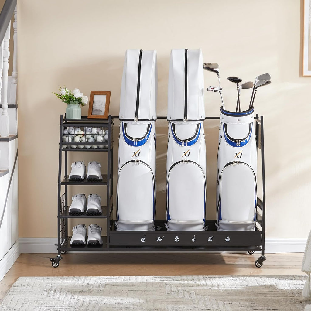 Lauren&Harold Golf Bag Organizer Garage Storage, Golf Storage Rack Stand Fits 2 Golf Bags, Golf Clubs and Other Golfing Equipment Accessories, Golf Organizer for Garage, Club, Shed, Basement