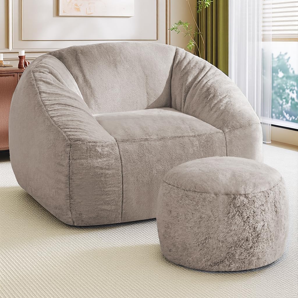 Bean Bag Chairs with Ottoman for Adults, Comfy Beanbag Chair with High-Resilience Foam, Oversized Bean Bag Sofa with Soft Faux Fur Fabric, Bean Bag Chair for Living Room,Bedroom,Khaki