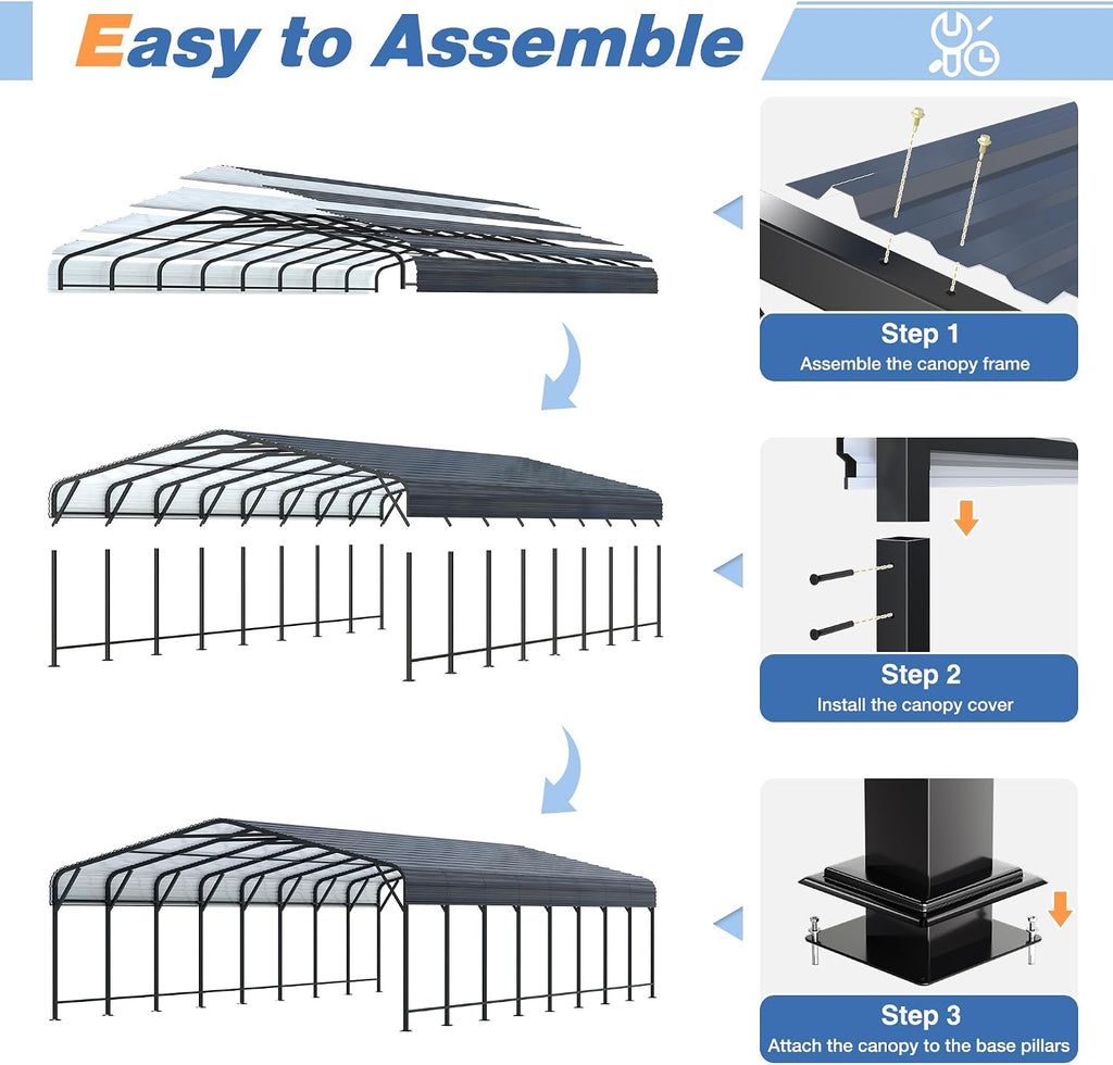 AirWire 20x40 FT Metal Carport, Heavy Duty Car Port Canopy with Reinforced Base and Galvanized Steel Roof & Frame, 2 Car Garage Shelter for Car, Boats and Trucks