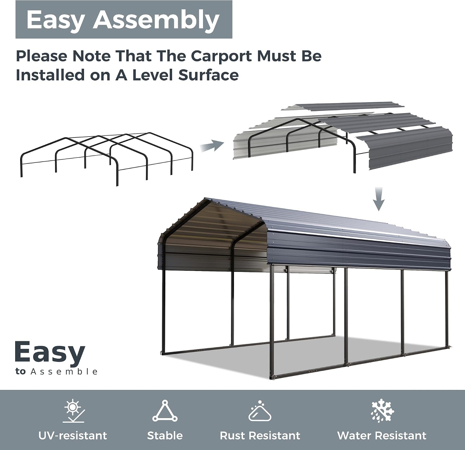 GREEN PARTY 10 x 15 ft Metal Carport Kits with Galvanized Steel Roof, Heavy Duty Metal Carport Canopy, Outdoor Car Tent Metal Garage Shelter for Car, SUV, Truck and Boats, Grey