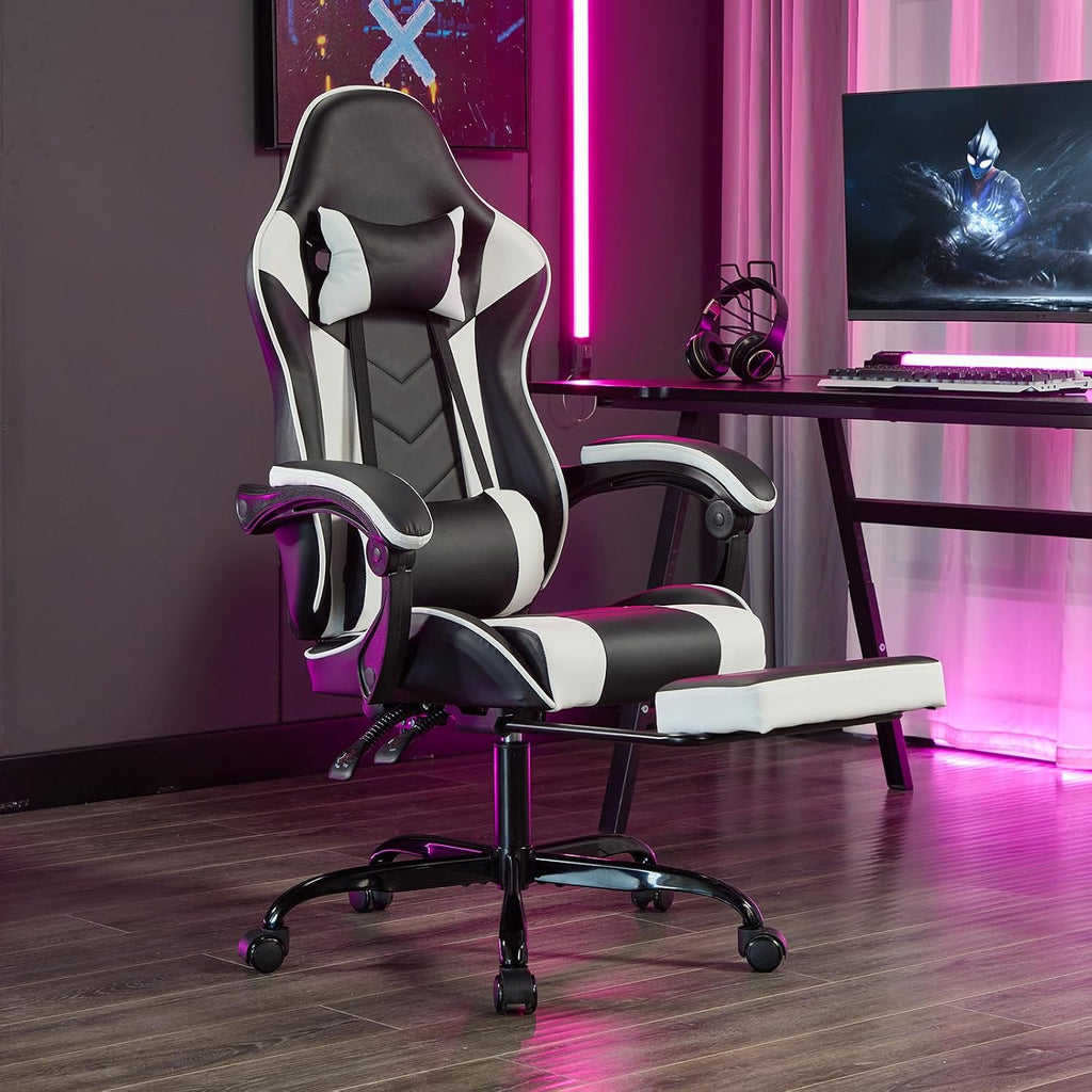 Gaming Chair with Massage and Footrest, Ergonomic High Back PC Racing Chair, 300LBS Capacity with Adjustable Lumbar Support & Headrest for Office and Desk (Model C, Black+White)