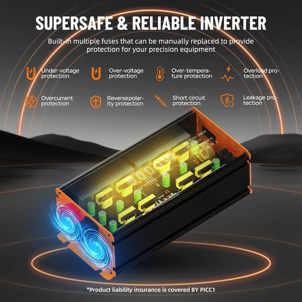 5000W Power Inverter 12V DC to 110V/120V AC Converter for RV/Truck/Boat/Camping/Off-Grid Solar Car Power Inverter Peak Power 10000W with 3 AC Outlets,USB & Type-C Port, Remote Controller & LCD Screen