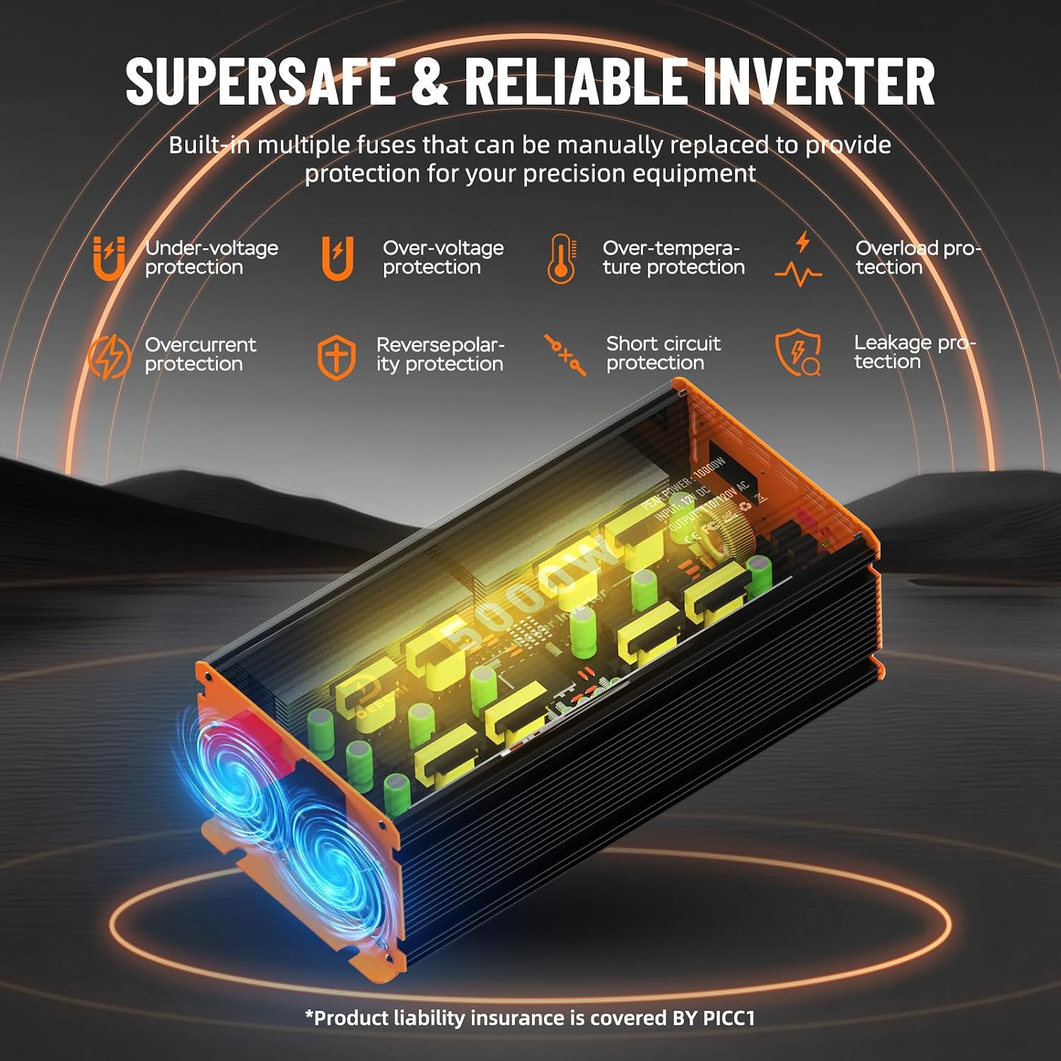 5000W Power Inverter 12V DC to 110V/120V AC Converter for RV/Truck/Boat/Camping/Off-Grid Solar Car Power Inverter Peak Power 10000W with 3 AC Outlets,USB & Type-C Port, Remote Controller & LCD Screen