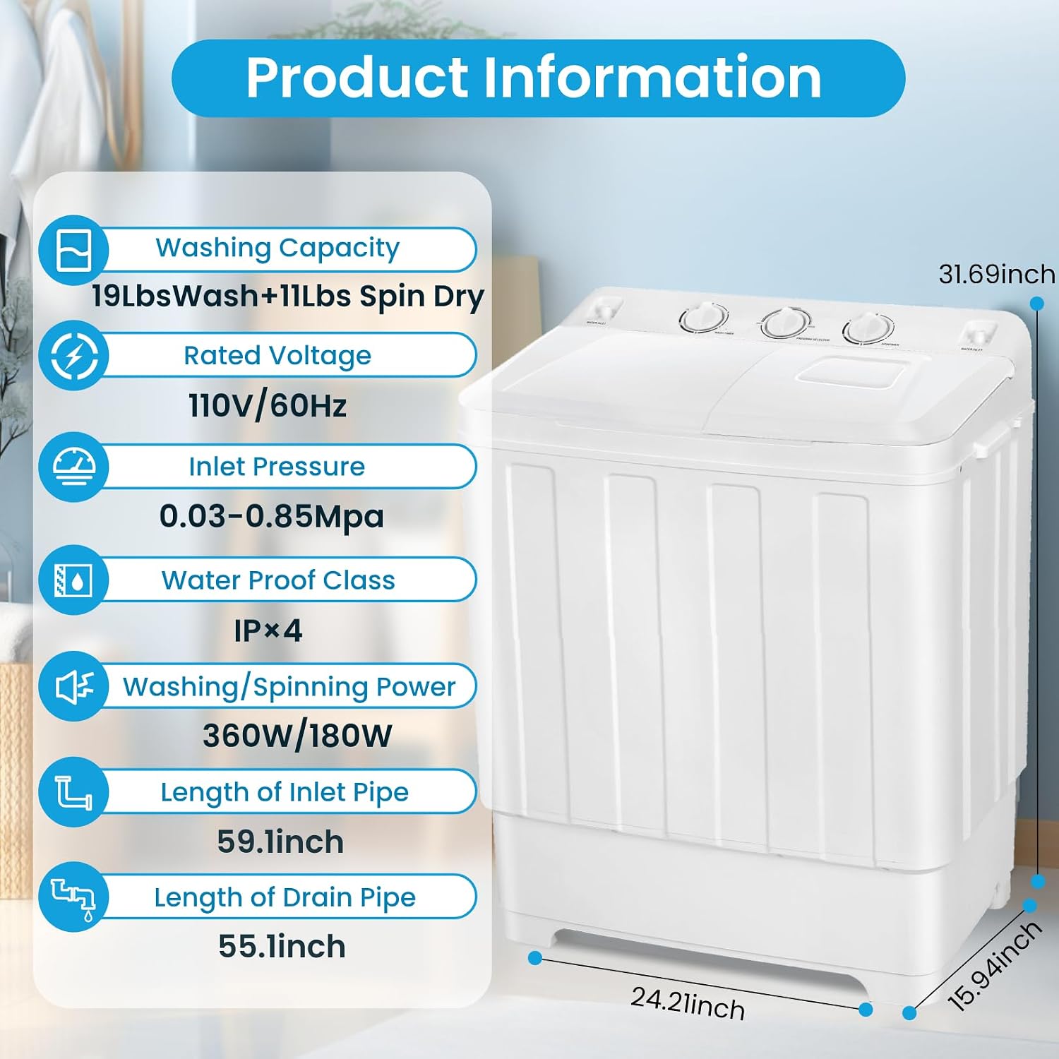 Nictemaw Portable Washing Machine 30Lbs Capacity Washer and Dryer Combo 2 In 1 Compact Twin Tub Laundry Washer (19Lbs) & Spinner (11Lbs) with Drain Pump, Time Control, for Apartment Dorms RV, White