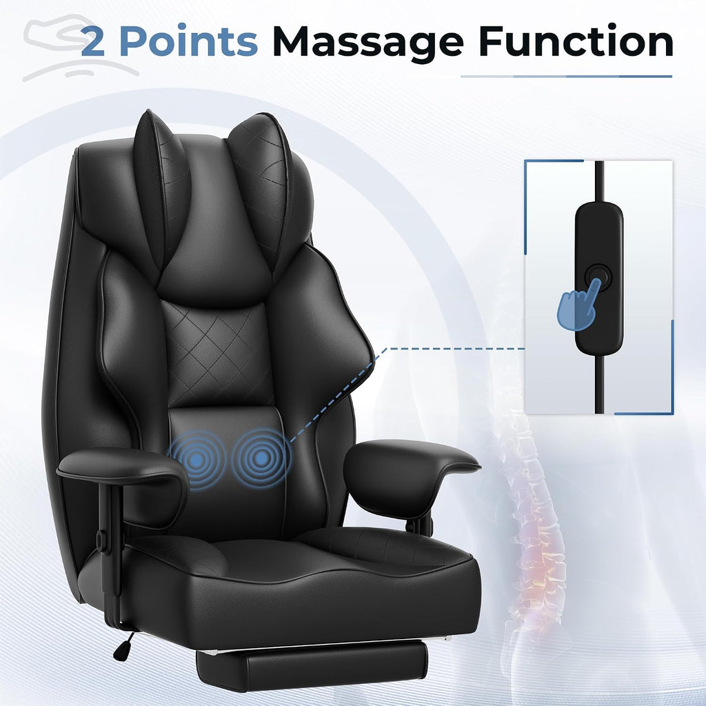 Homall Big and Tall Massage Office Chair,Reclining High Back Ergonomic Home Office Desk Chair with Adjustable Padded Armrest and Foot Rest (Leather, Black)