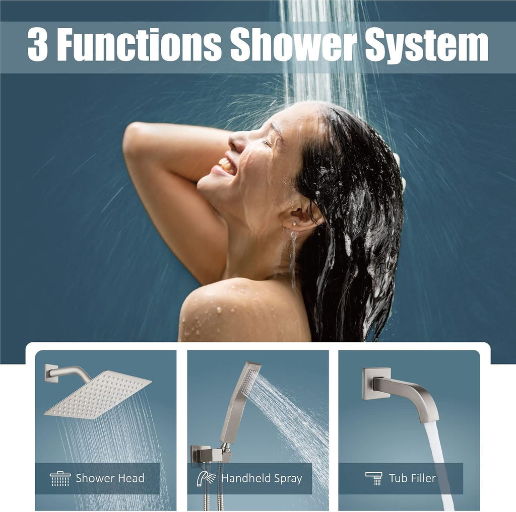 Aolemi Rainfall Shower System Shower Head Combo Set with Tub Filler Handheld Shower Luxury Rough-in Valve Included Wall Mount Bathroom Shower Mixer Faucet 8 Inch Shower Head Brushed Nickel