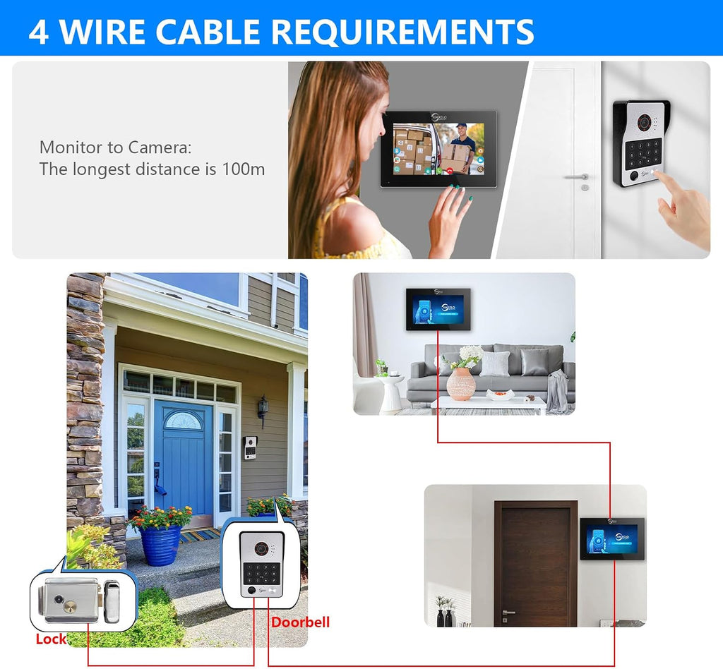 7-Inch Smart Video Intercom System,1080P HD Wired Doorbell with Touchscreen Monitor,Fingerprint, RFID & PIN Unlock,Tuya Smart App Control,Ideal for Homes, Villas & Apartments (1 doorbell + 3 Monitor)
