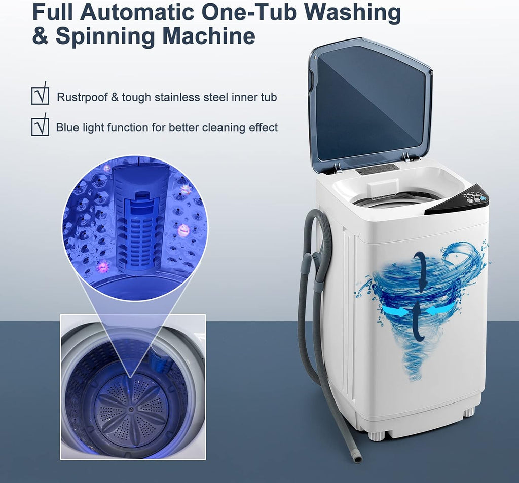 COSTWAY Portable Washing Machine, 7.7lbs Capacity Compact Laundry Washer and Spin Combo with 6 Programs, Built-in Barrel Light, Full-Automatic Washing Machine for Apartments Camping RVs Dorm, Blue