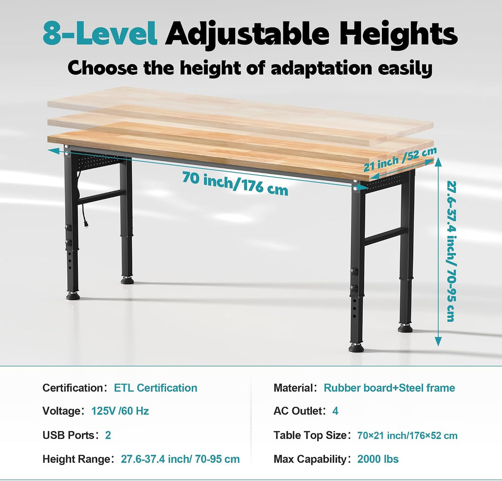 70'' Adjustable Workbench, 2000 LBS Load Capacity Heavy Duty Workstation with Power Outlets, Rubber Wood Top Worktable for Garage, Office,Workshop, Commercial