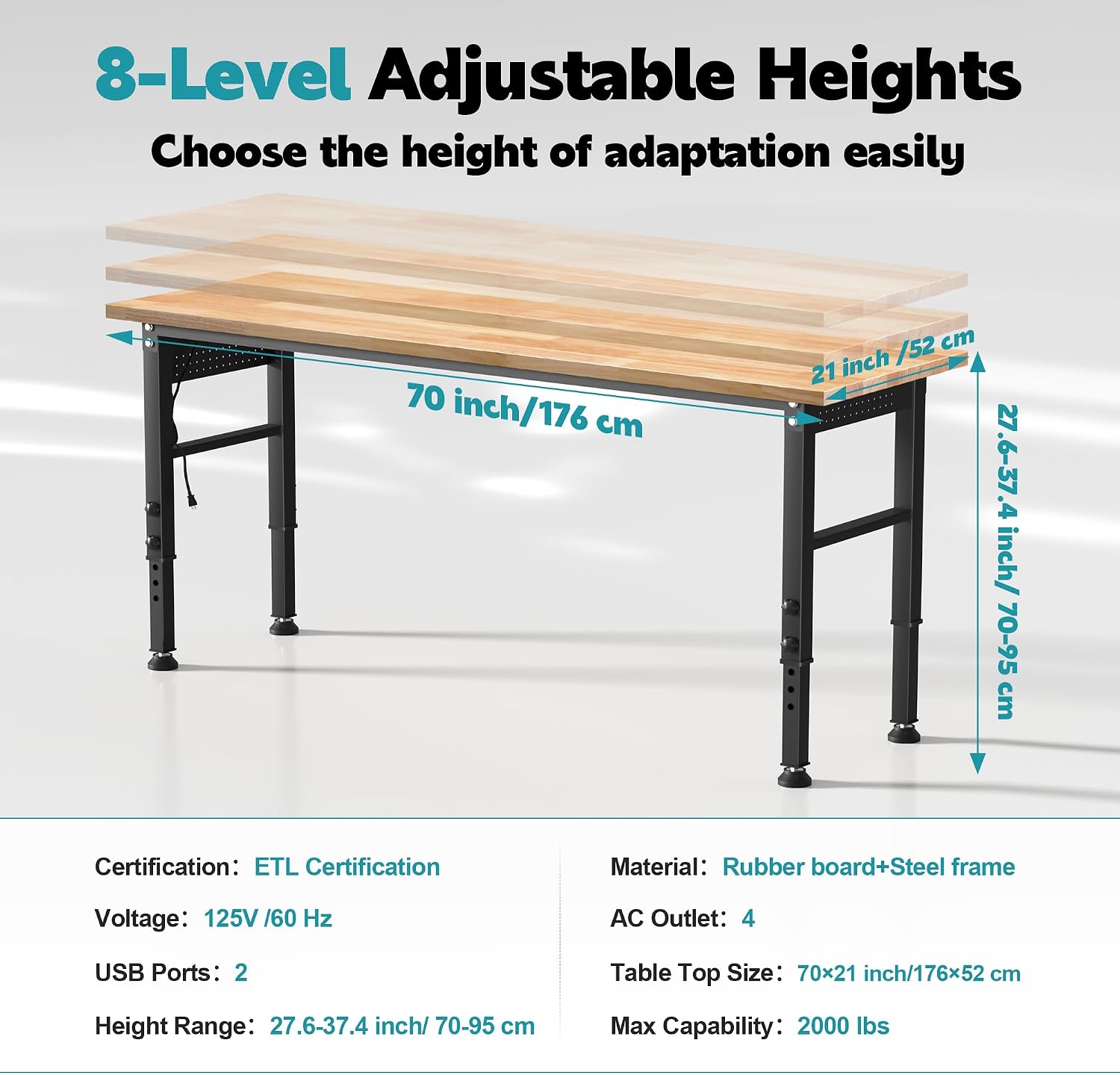 70'' Adjustable Workbench, 2000 LBS Load Capacity Heavy Duty Workstation with Power Outlets, Rubber Wood Top Worktable for Garage, Office,Workshop, Commercial