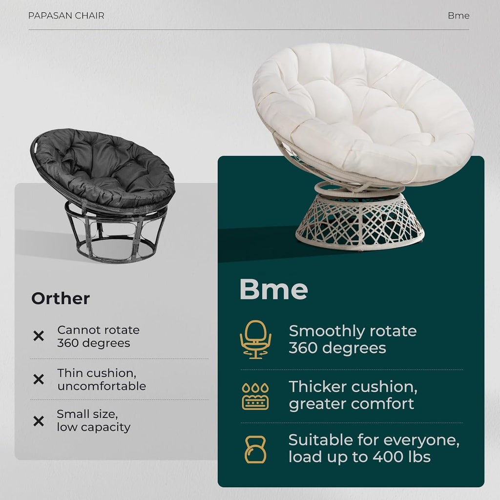 Bme 40' Ergonomic Wicker Papasan Chair with Soft Thick Density Fabric Cushion, High Capacity Steel Frame, 360 Degree Swivel for Living, Bedroom, Reading Room, Lounge