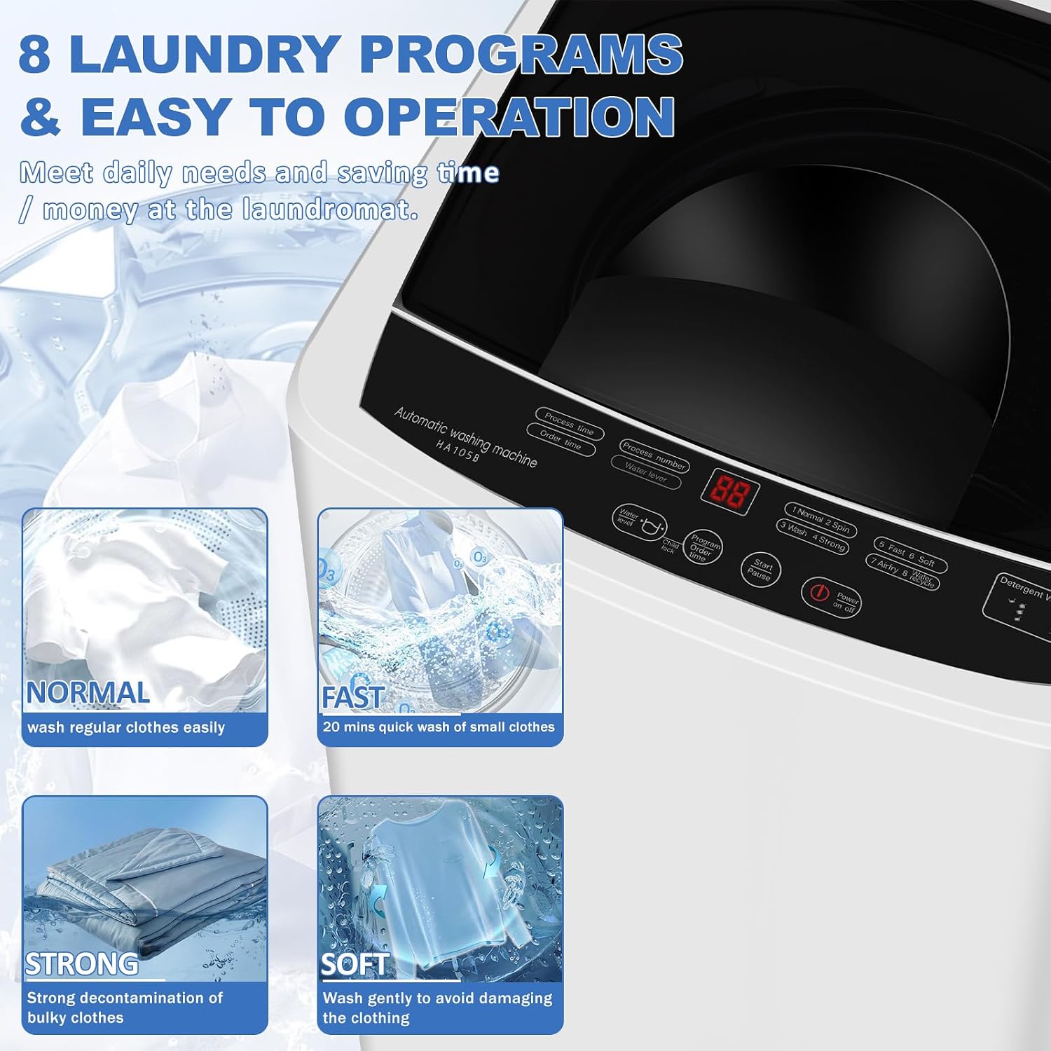 Erivess 15lbs Portable Washing Machine, 1.9 Cu.Ft Full Automatic Washer and Dryer Combo with 8 Wash Programs, Compact Laundry Washer for Apartment, Dorm, RV, Small Spaces, Lavadora