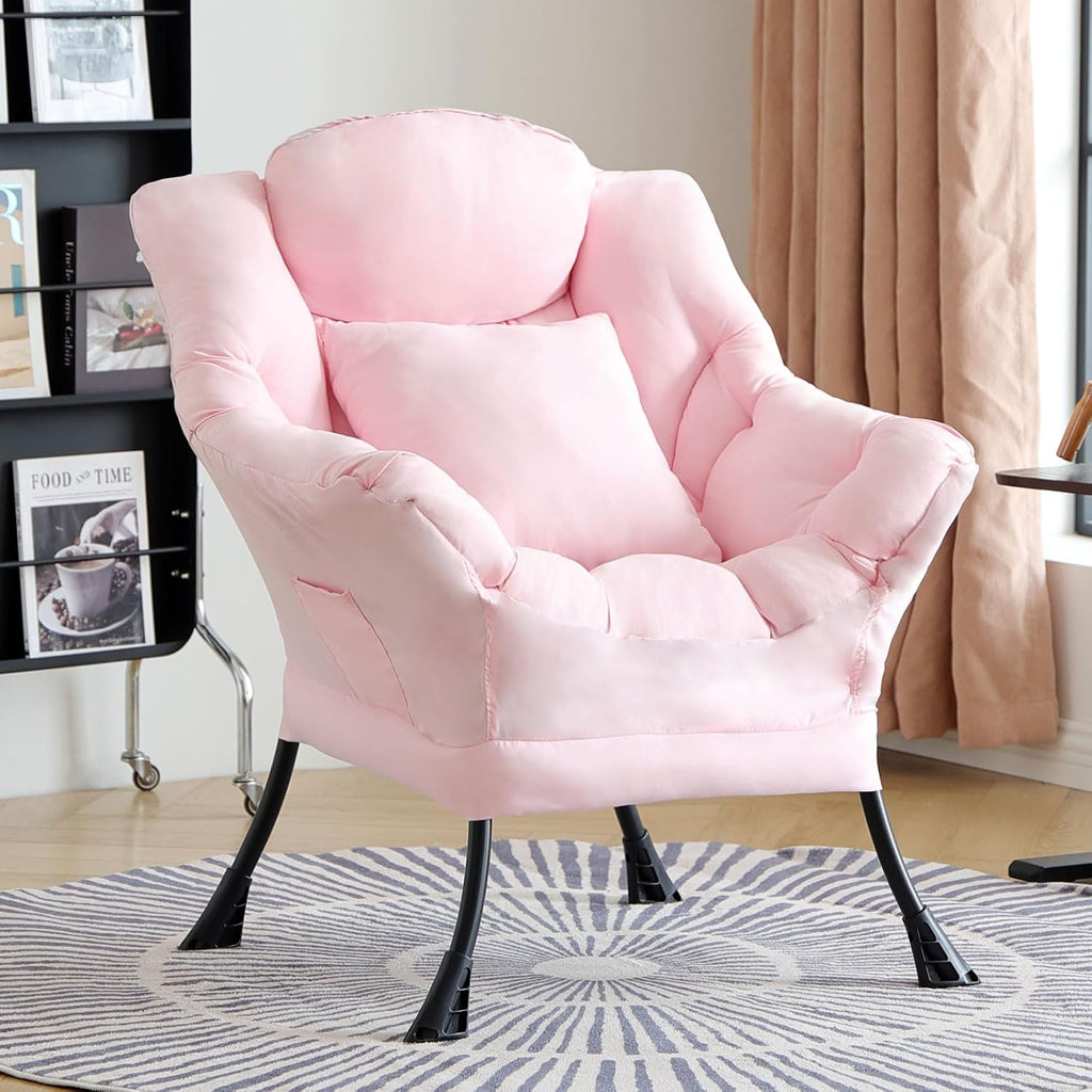Lazy Chair for Living Room, Large Pink Accent Chair with a Throw Pillow, Leisure Sofa Chair Set, Comfy Reading Chair for Bedroom, Dorm Room, Office