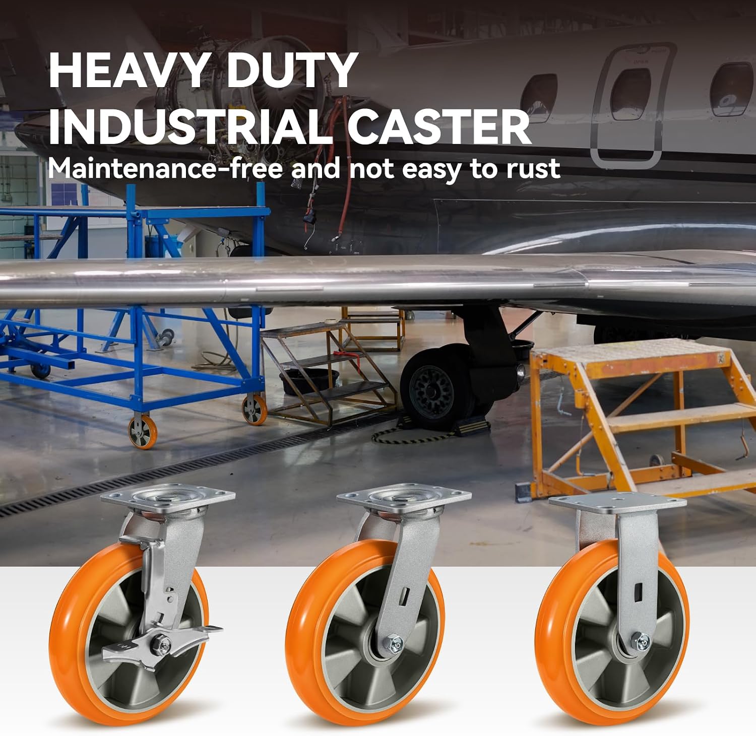 8' Heavy Duty Casters, Industrial Swivel Caster Wheels, Crowned Tread Aluminum Core Thickened Polyurethane Casters Set of 4 with Load 6000lbs Capacity, Wheels for Cart Toolbox (4 Swivel)