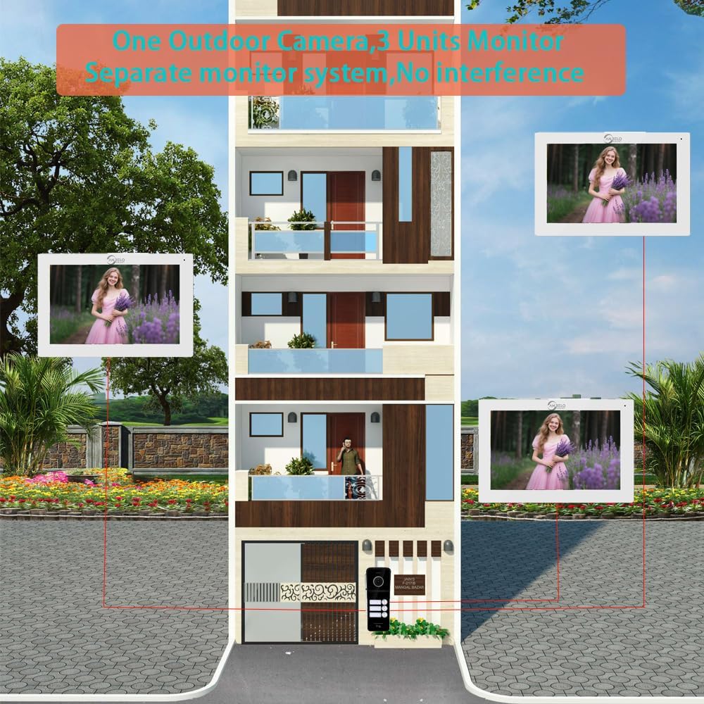 Wired Video Doorbell Intercom System 3 Unit 7 Inch Monitor Door Phone Kit 1080P Camera Night Vision,Support Remote Unlock Door Release,Snapshot for Home Vally Apartment (1 doorbell(b)+3 minitor(w))
