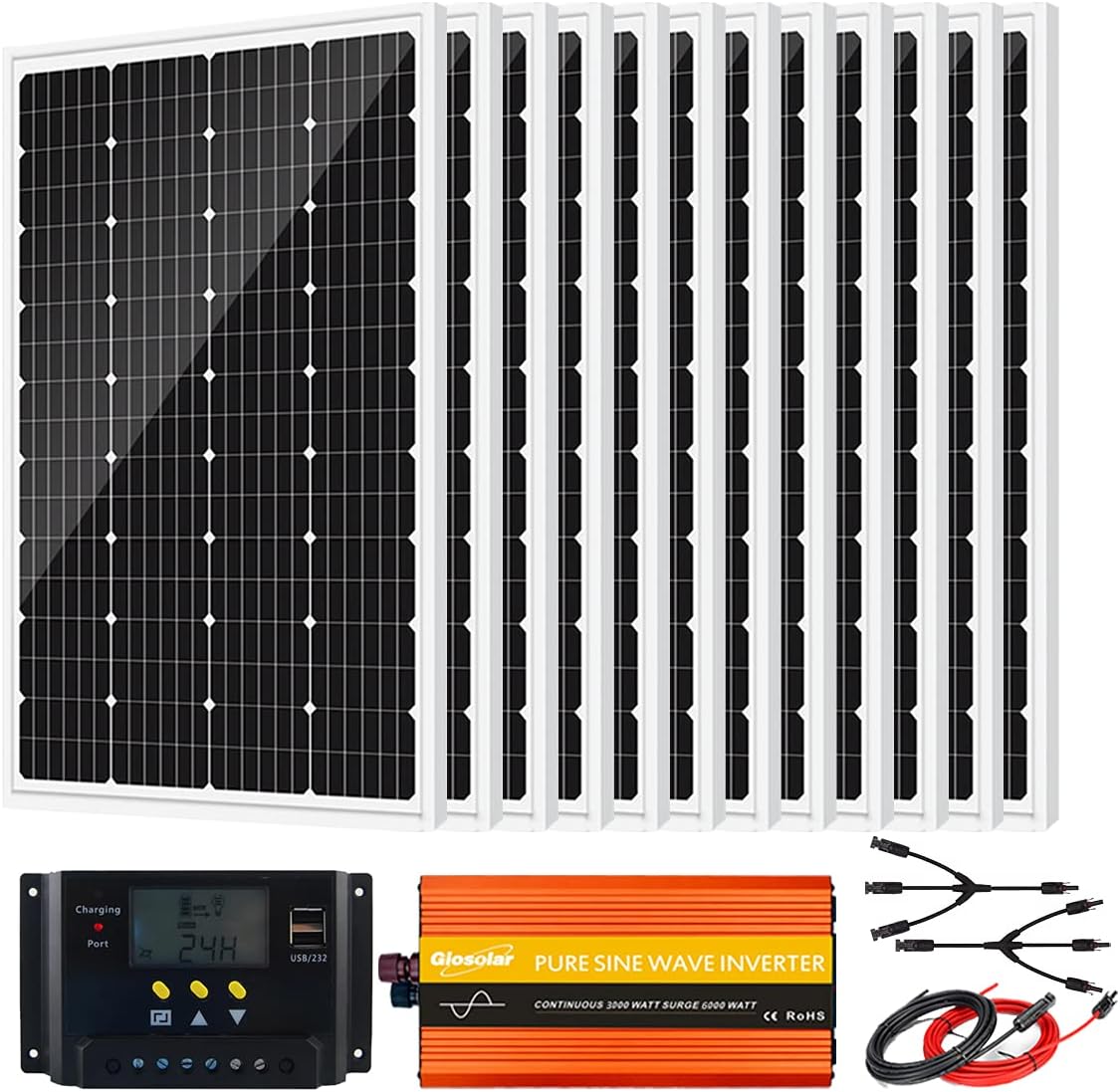 2440W 48V Solar Panel Kit for RV Off Grid System with 12pcs 120W Solar Panel and 3000W Pure Sine Wave Power Inverter Peak 6000W