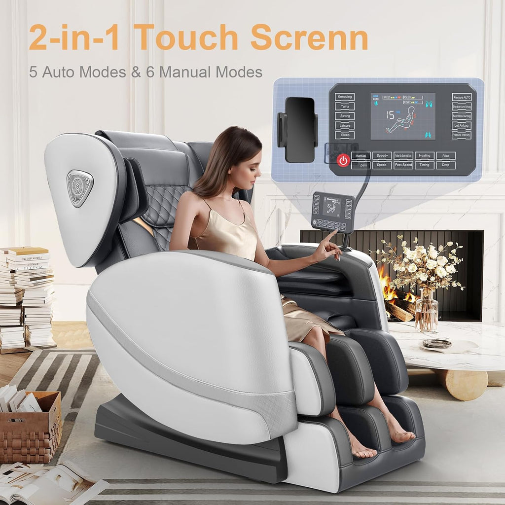 FURNIMAT 2026 Massage Chair Full Body, Zero Gravity Massage Chair with 10 Fix Rollers, Airbags, Heating, Foot Massage, Auto Modes, Bluetooth Speaker, Smart Screen Controller(Light Gray)