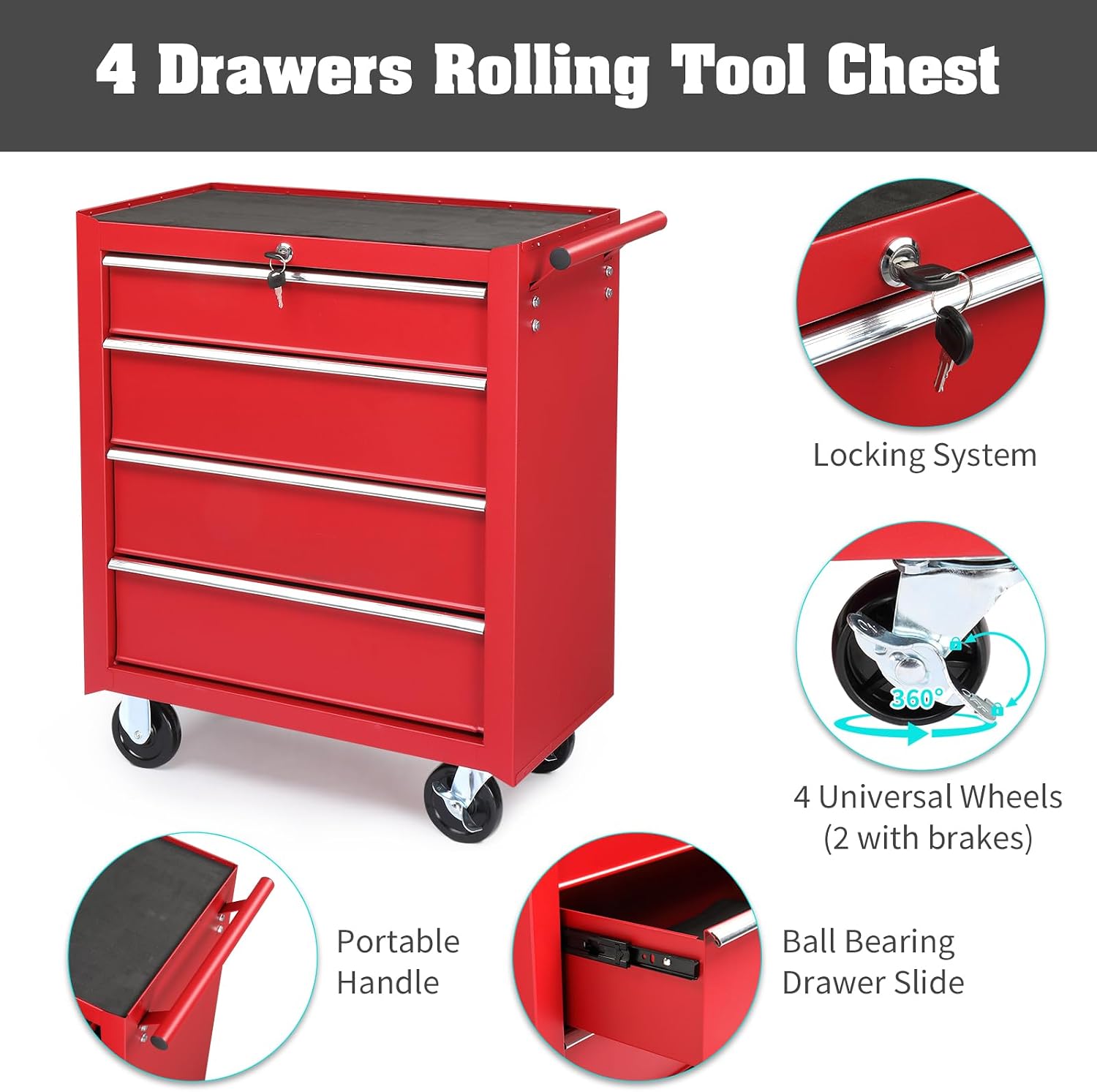 Vasitelan Tool Chest, 4 Drawers Rolling Tool Chest with Wheels, Portable Rolling Tool Box on Wheels, Tool Chest Organizer for Garage, Workshop, Home Crafts Use (Red)