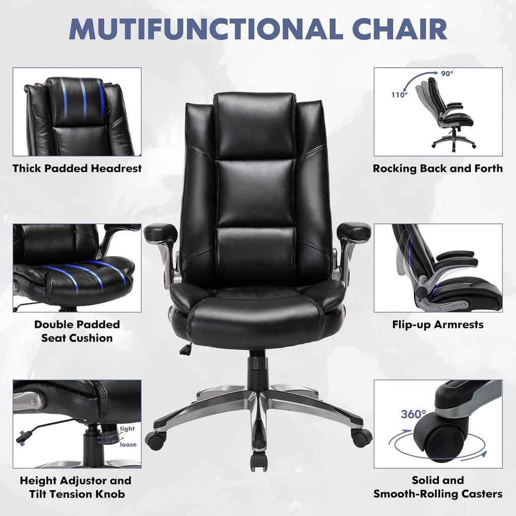 COLAMY Leather Executive Office Chair - High Back Home Computer Desk Chair with Padded Flip-up Arms, Adjustable Tilt Lock, Swivel Rolling Ergonomic Chair for Adult Working Study, Black