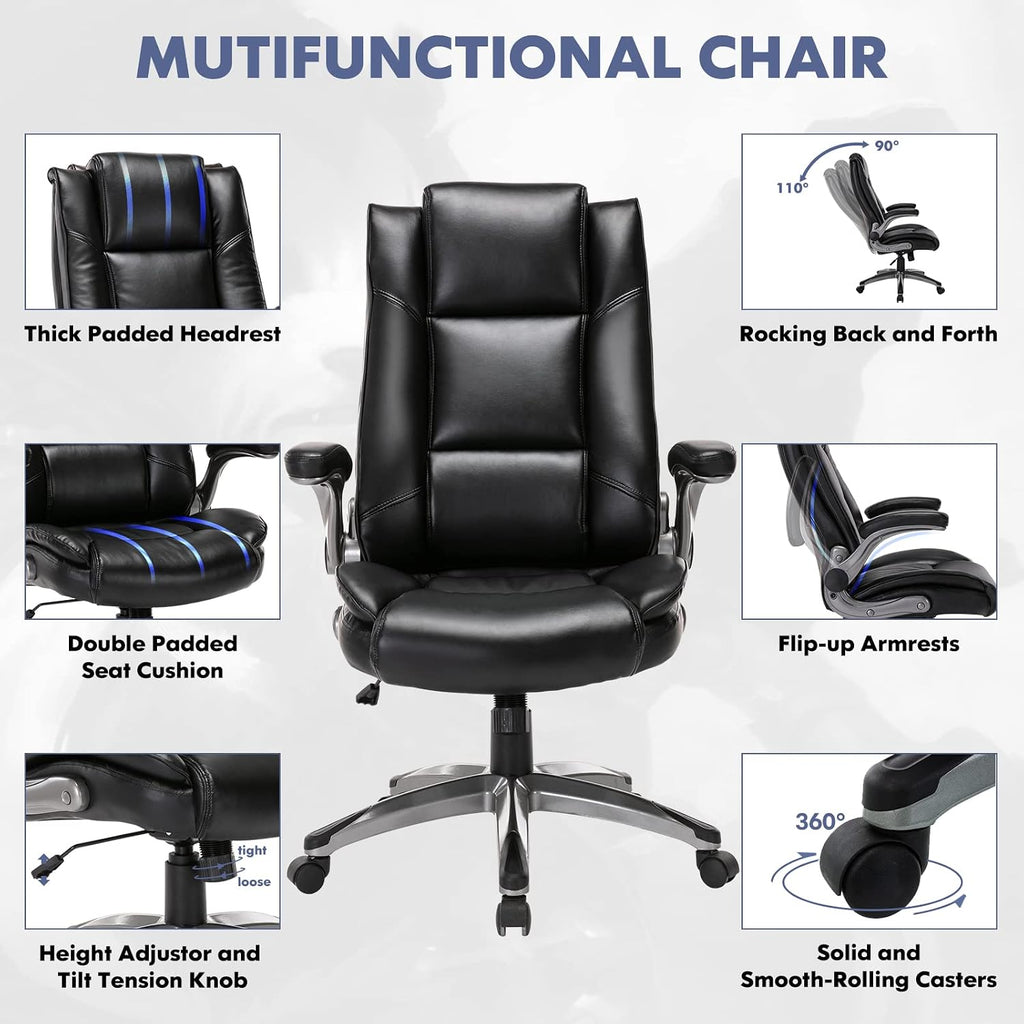 COLAMY Leather Executive Office Chair - High Back Ergonomic Home Computer Desk Chair with Padded Flip-up Arms, Adjustable Tilt Lock, Swivel Rolling Chair for Adult Working Study, Black