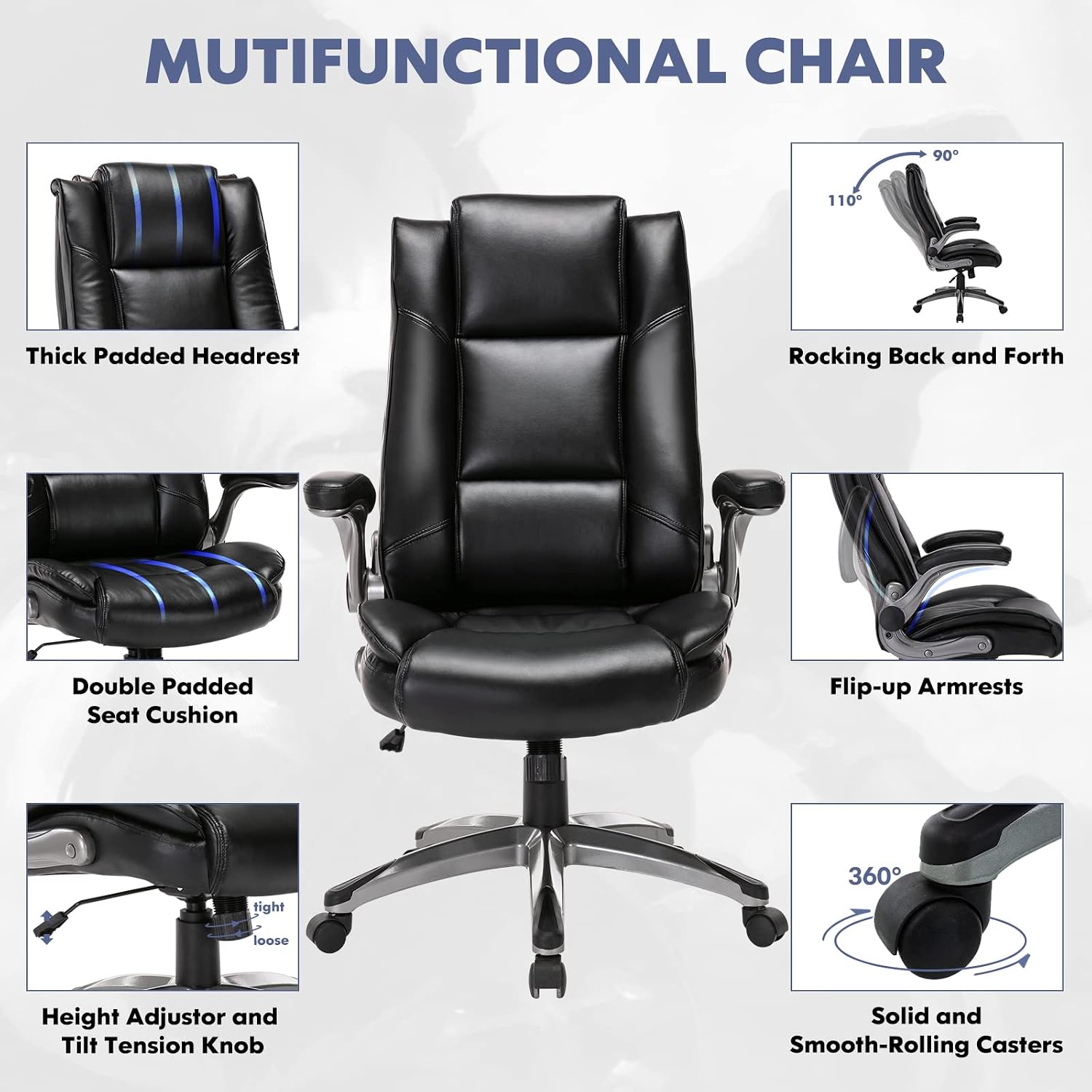 COLAMY Leather Executive Office Chair - High Back Ergonomic Home Computer Desk Chair with Padded Flip-up Arms, Adjustable Tilt Lock, Swivel Rolling Chair for Adult Working Study, Black