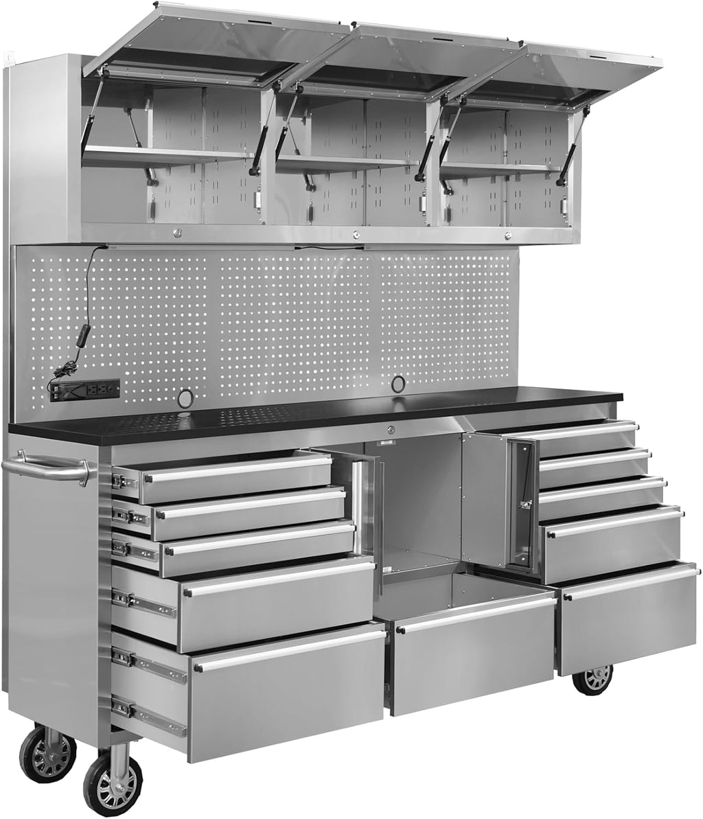 CHETTO C Tool Box Tool Chest with Wheels Mobile 15 Drawer Storage 3 Upper Cabinet Power Outlet SS-Pegboard with Wheels Lock Key Locking System Drawer Liners Light 72 inch