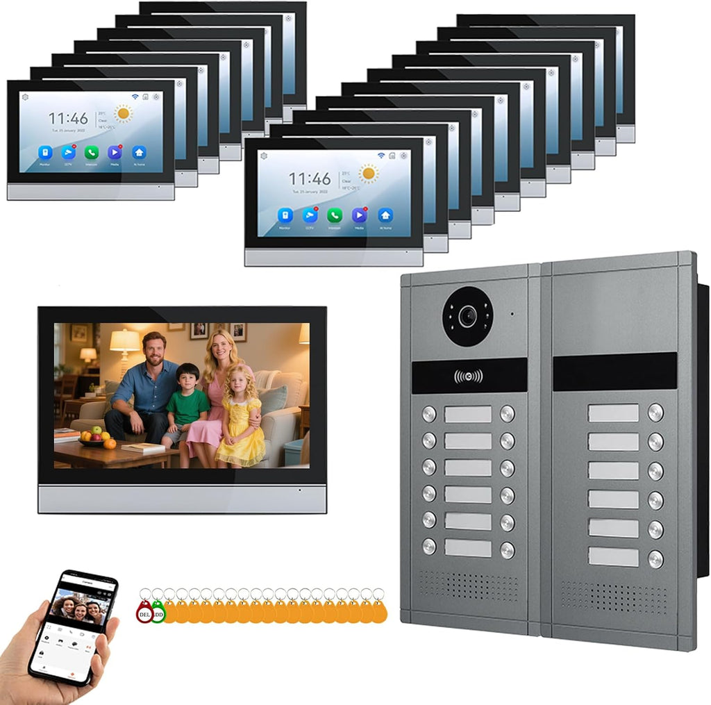 Wired Video Apartment Intercom System,6/12/18/24 Units 7 Inch Monitor 1080P Doorbell Intelligent Doorphone Kit with Motion Detection,Anti-Tamper Alarm,3 in 1 Unlock for Flat House,Tuya (18 Monitor)