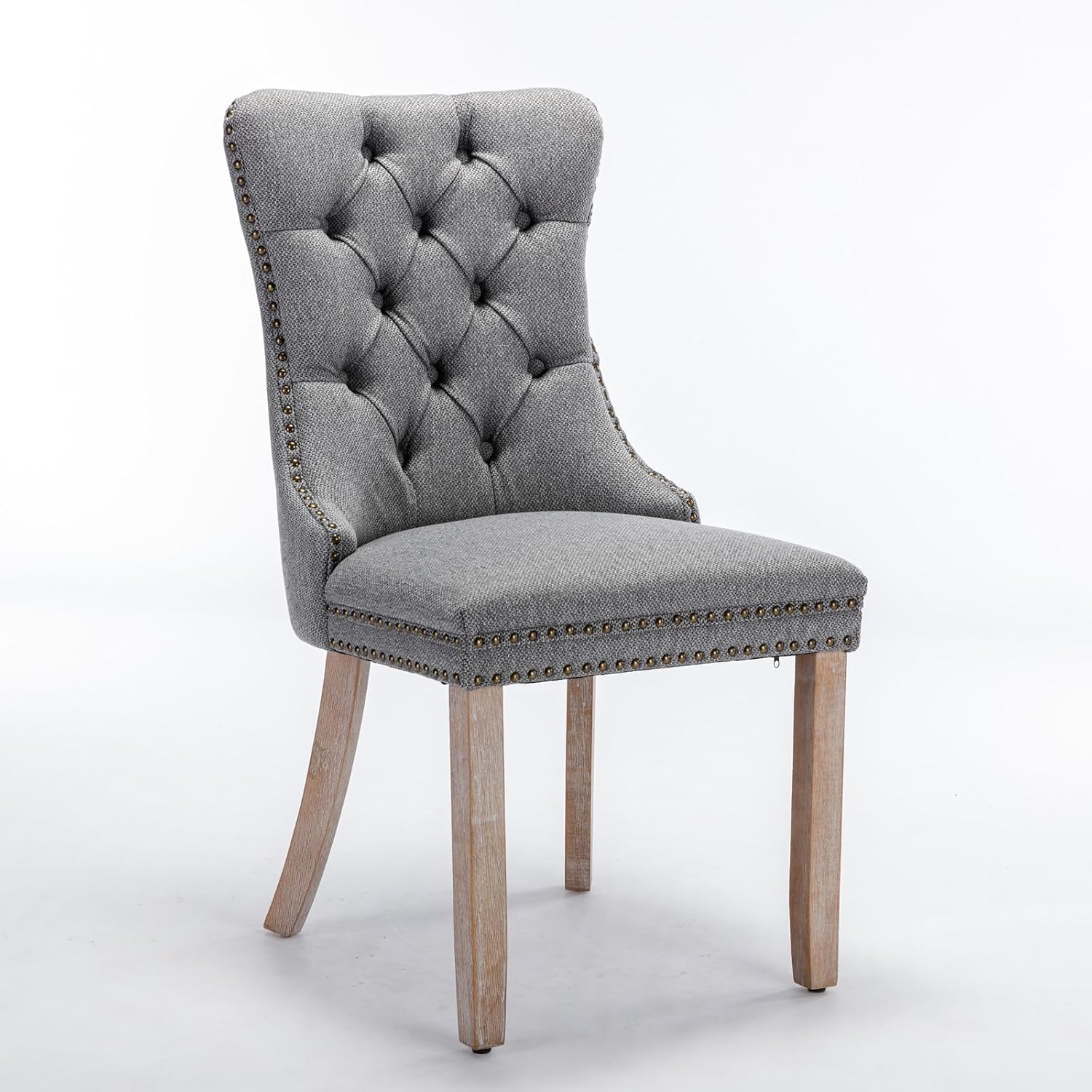 Ball & Cast Contemporary Upholstered Dining Chairs Set of 2, Button Tufted Kitchen Side-Chairs with Hang Ring & Nailhead Trims & Solid Wood Legs, 2-Piece Backrest Traditional Chair, Linen Gray