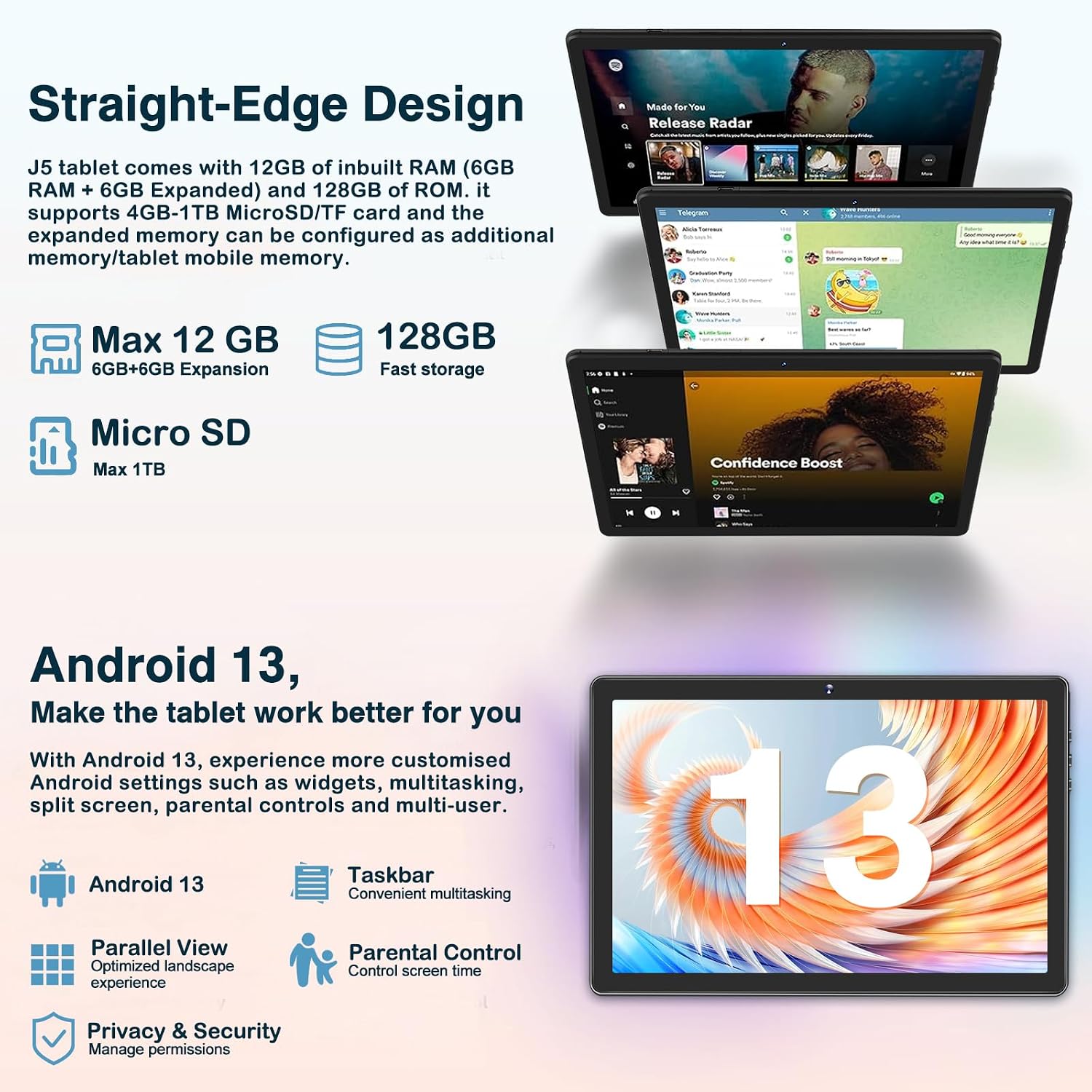 2024 Newest Tablet 10 Inch 12GB RAM+128GB ROM(1TB TF) Tablet Family/Tablet Kids, Andorid 13 GMS, WiFi 5G+2.4G, Cores 2.0Ghz, Bluetooth 5.0, 6000mAh, 8+5MP, Kids Space, Play Store, con EVA Case - Black