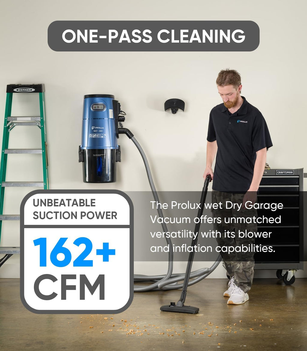 Prolux Professional Shop Blue Wall Mounted Garage Vac, Wet Dry Pick Up