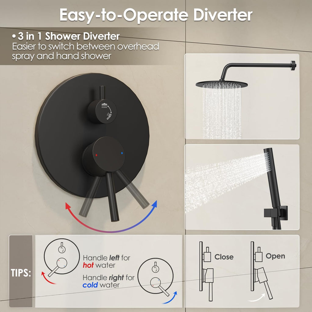 Gabrylly Black Shower Faucet Set, Wall Mounted System with Shower Valve, High Pressure 10' Rain Shower head with Handheld Spray Combo, 2 Way Rainfall Shower Fixtures, Matte Black