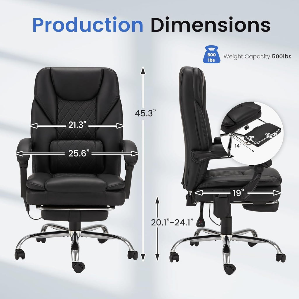 HOMREST 6-Point Massage Office Chair with Heat, 500lbs Big and Tall Executive Chair, Ergonomic Reclining Desk Chair with Footrest & Lumbar Support, Adjustable Armrest, PU Leather (Black)