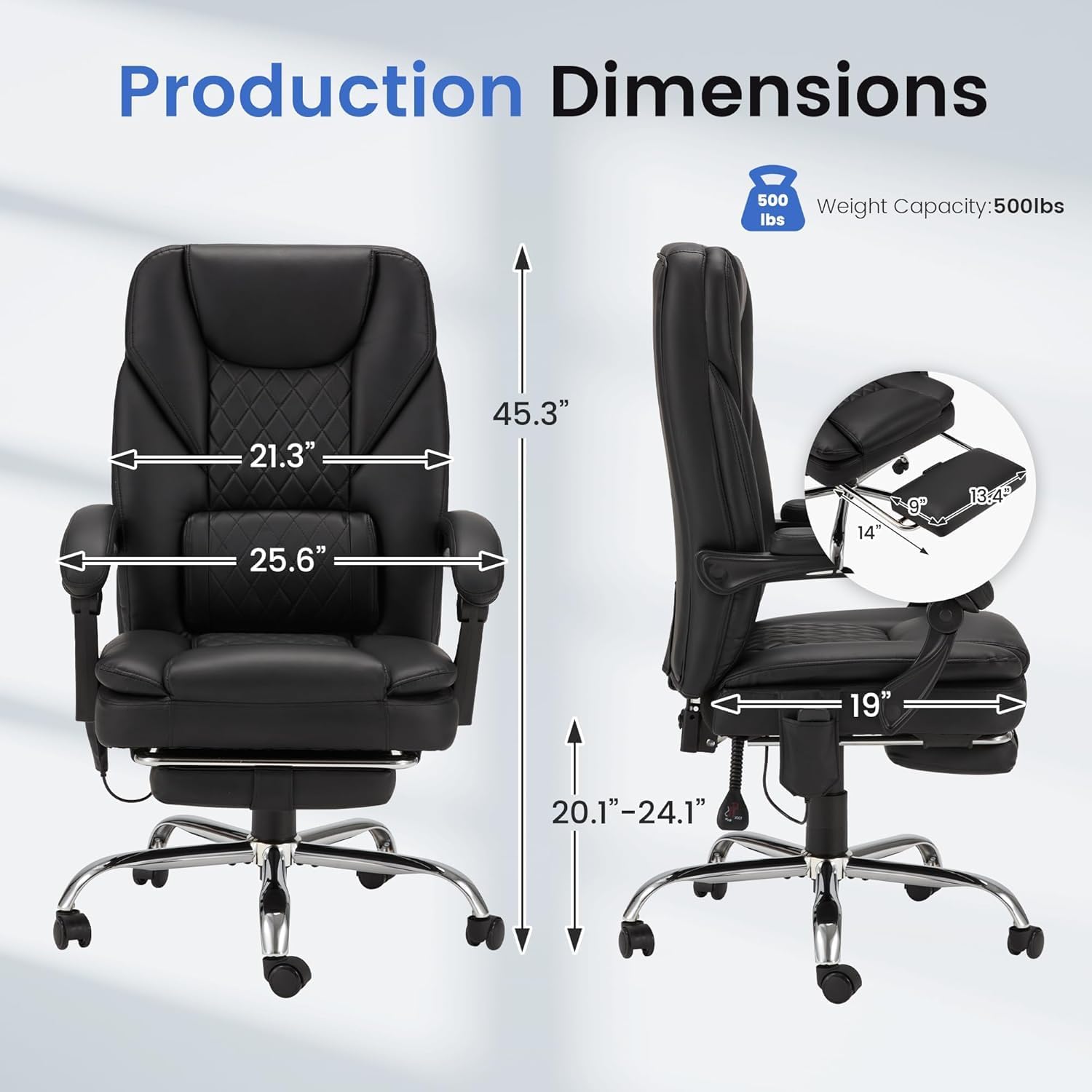 HOMREST 6-Point Massage Office Chair with Heat, 500lbs Big and Tall Executive Chair, Ergonomic Reclining Desk Chair with Footrest & Lumbar Support, Adjustable Armrest, PU Leather (Black)