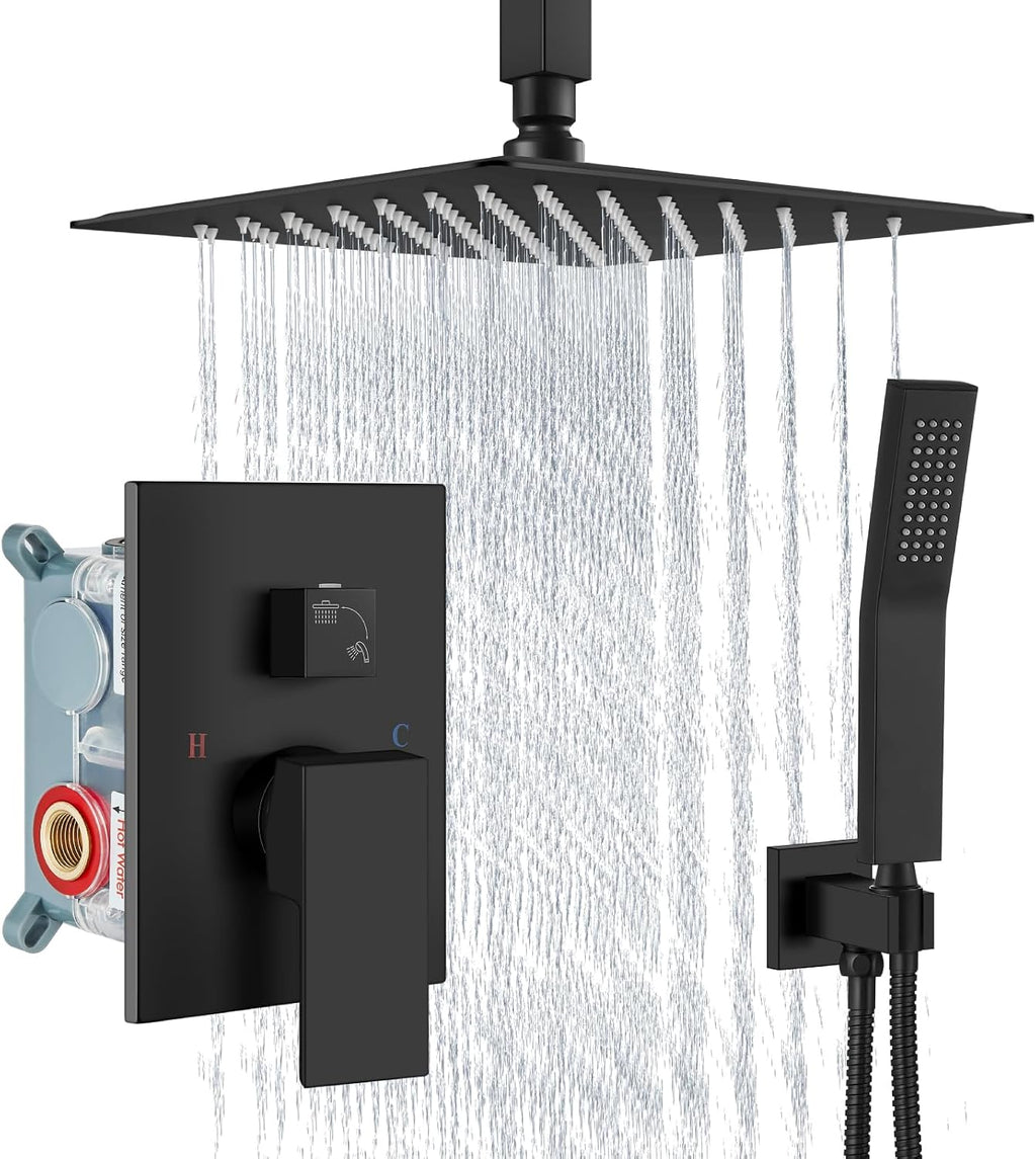 Aolemi Ceiling Mount Shower System Rain Shower Head with Handheld Spray High Pressure Shower Faucet Set Rough-in Valve Shower Trim Kit Included Bathroom Matte Black 10 Inch Ceiling Shower Head