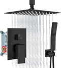 Aolemi Ceiling Mount Shower System Rain Shower Head with Handheld Spray High Pressure Shower Faucet Set Rough-in Valve Shower Trim Kit Included Bathroom Matte Black 10 Inch Ceiling Shower Head