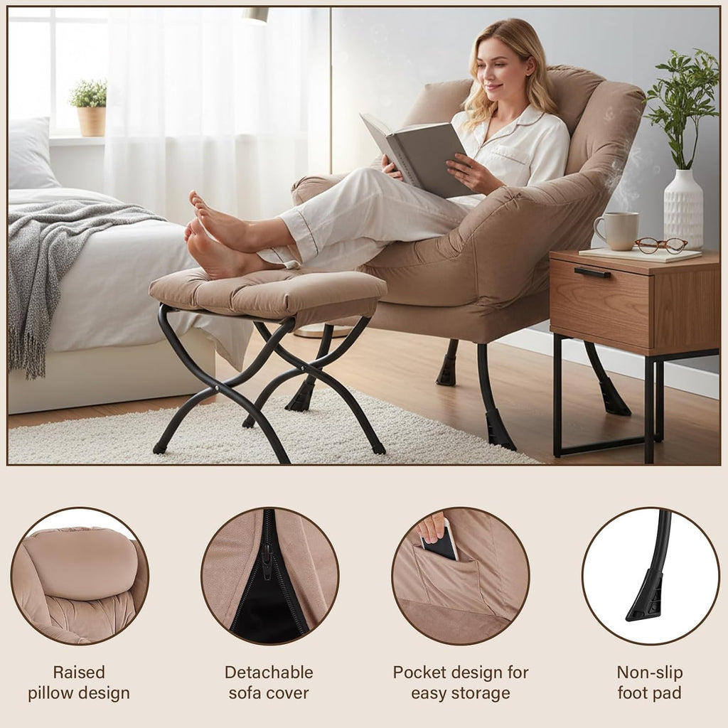 Welnow Lazy Chair with Ottoman, Modern Accent Chair with Armrests and a Side Pocket, Leisure Sofa Chair Set, Reading Chair with Footrest for Small Space, Corner Chair, Dark Brown