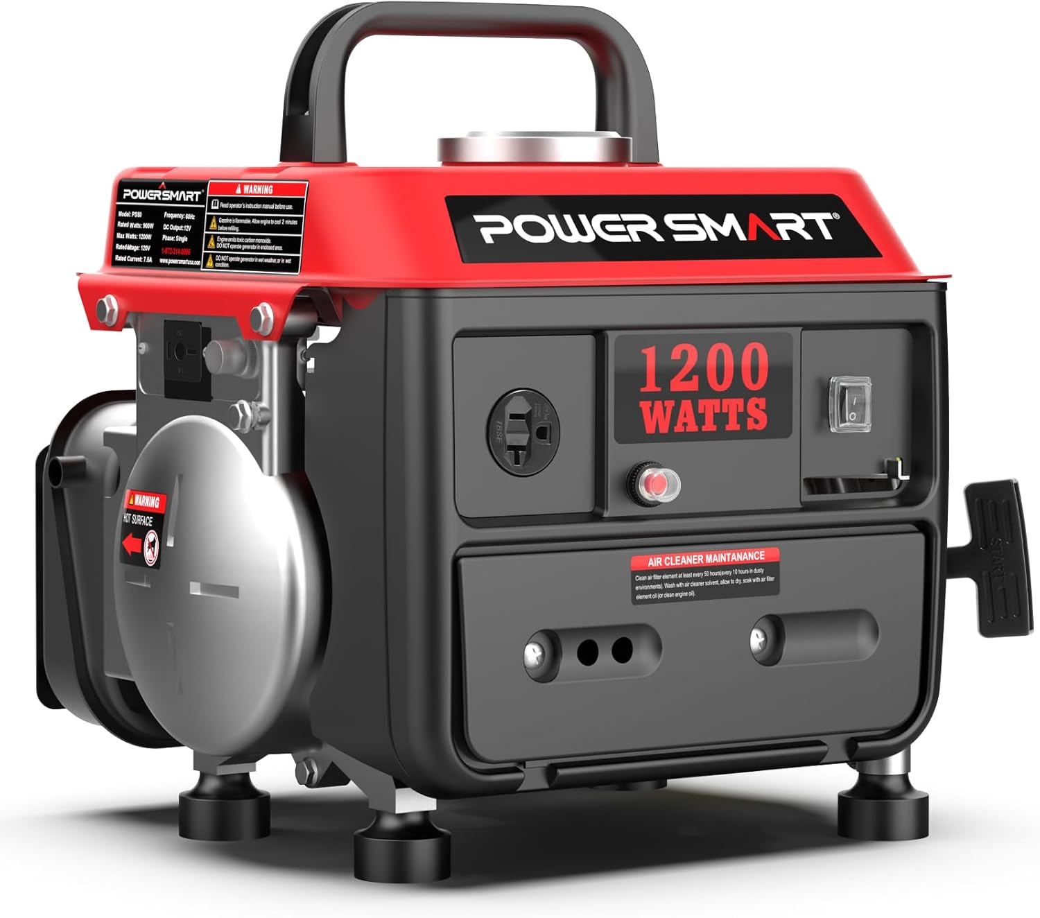 PowerSmart 1200W Portable Gasoline Generator, 71cc 2-Stroke Gas Powered Engine with 900W Rated Power, 50:1 Fuel Mix, 5-Hour Runtime at 50% Load, EPA Compliant for Camping, Tailgating