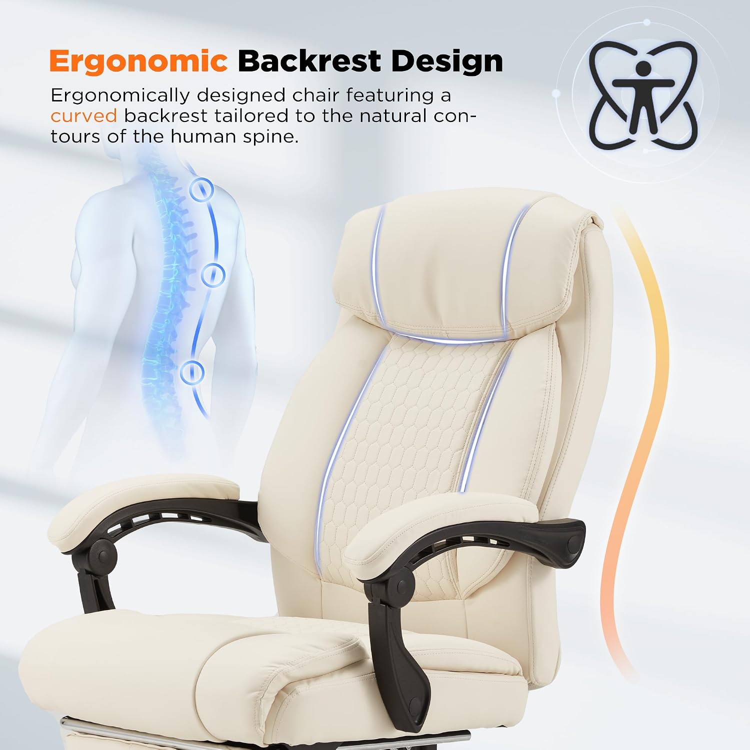 HOMREST 4-Point Massage Office Chair with Heating and Footrest, Reclining Executive Leather Desk Chair, Ergonomic Heated Managerial Chair for Home Office, Beige